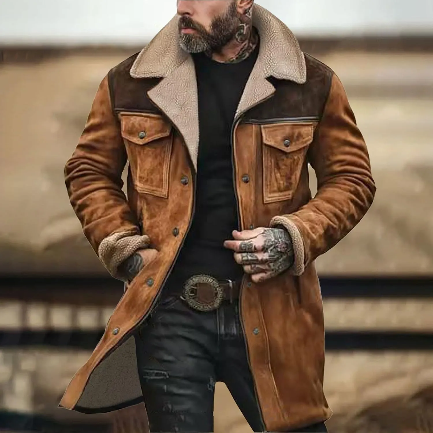 Men Vintage Suede Jacket Plush Collar Coats Faux Leather Winter Long Jackets Men Zip Up Motorcycle Jacket Coats Retro