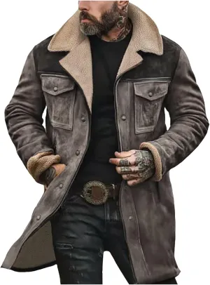 Men Vintage Suede Jacket Plush Collar Coats Faux Leather Winter Long Jackets Men Zip Up Motorcycle Jacket Coats Retro