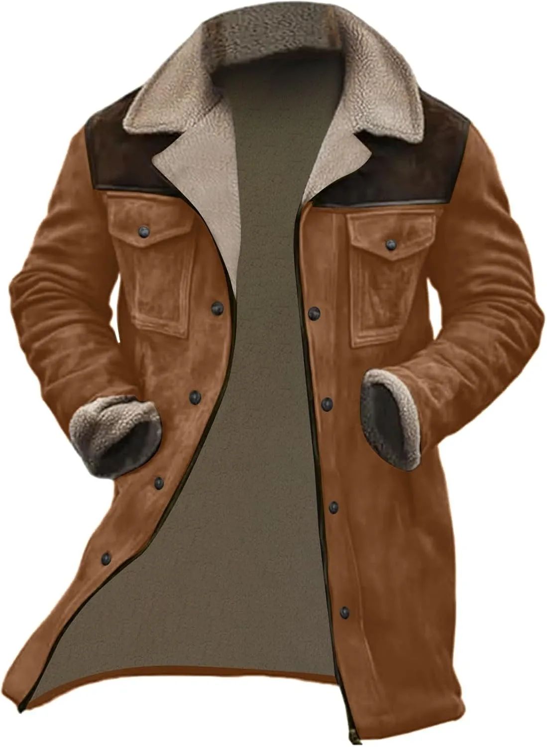Men Vintage Suede Jacket Plush Collar Coats Faux Leather Winter Long Jackets Men Zip Up Motorcycle Jacket Coats Retro
