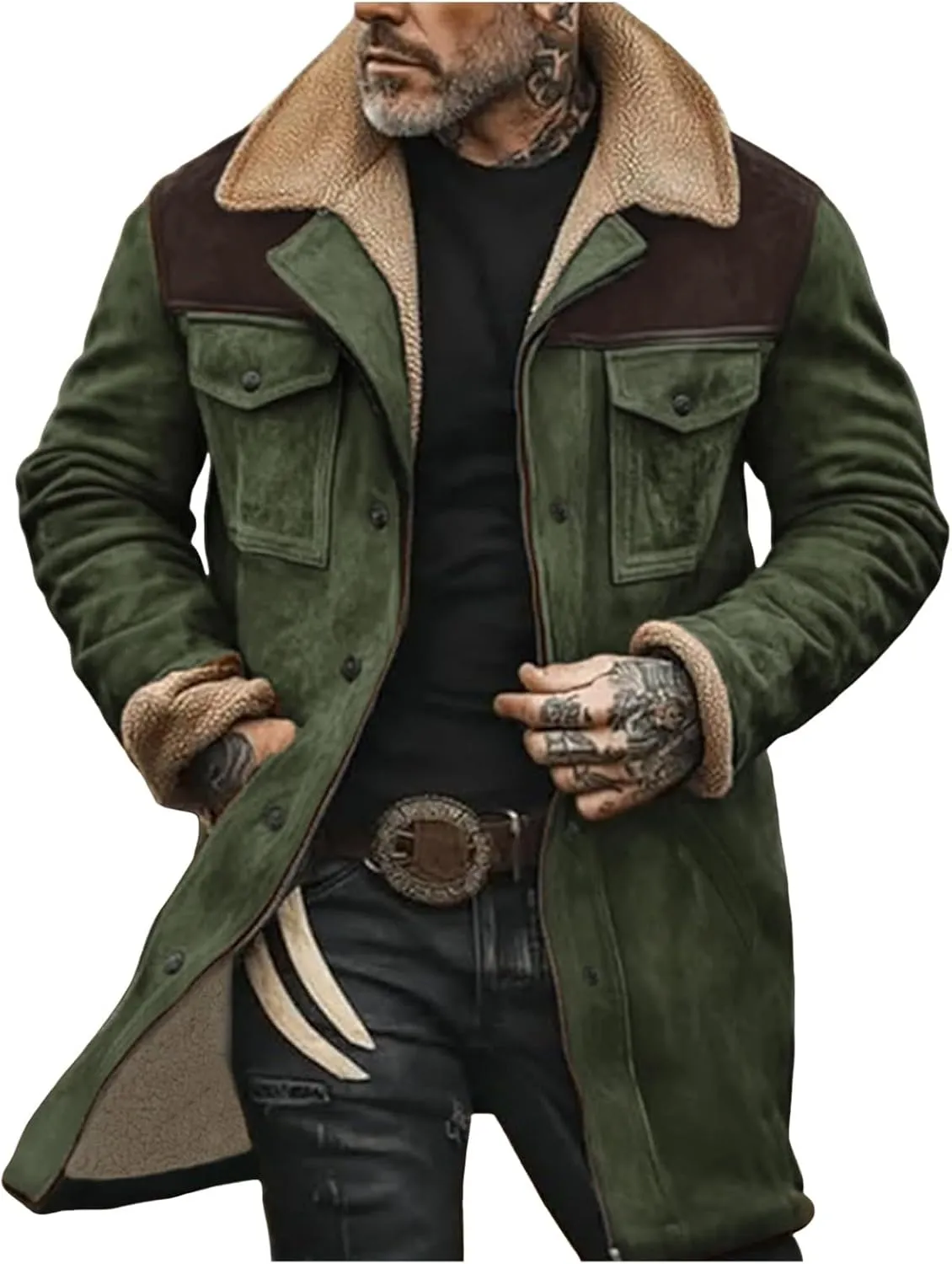 Men Vintage Suede Jacket Plush Collar Coats Faux Leather Winter Long Jackets Men Zip Up Motorcycle Jacket Coats Retro