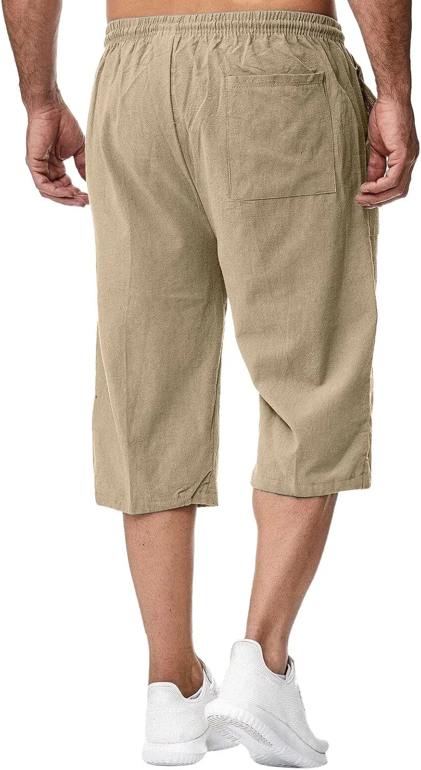 Men's Beach Long Shorts Below Knee Pocketed Joggers Loose Fit 3/4 Summer Cropped Trousers Drawstring Elastic Waist Capri Pant