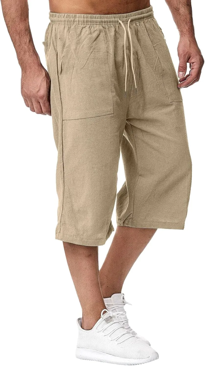 Men's Beach Long Shorts Below Knee Pocketed Joggers Loose Fit 3/4 Summer Cropped Trousers Drawstring Elastic Waist Capri Pant