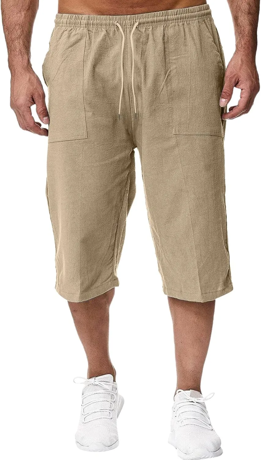 Men's Beach Long Shorts Below Knee Pocketed Joggers Loose Fit 3/4 Summer Cropped Trousers Drawstring Elastic Waist Capri Pant
