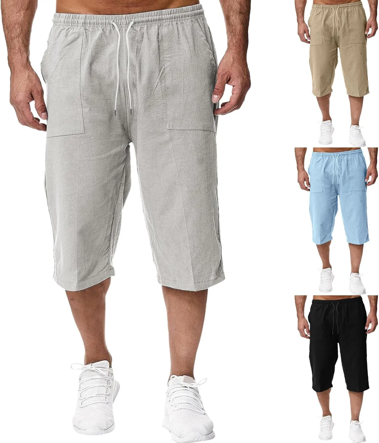 Men's Beach Long Shorts Below Knee Pocketed Joggers Loose Fit 3/4 Summer Cropped Trousers Drawstring Elastic Waist Capri Pant