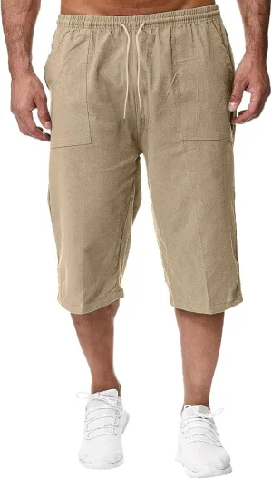 Men's Beach Long Shorts Below Knee Pocketed Joggers Loose Fit 3/4 Summer Cropped Trousers Drawstring Elastic Waist Capri Pant