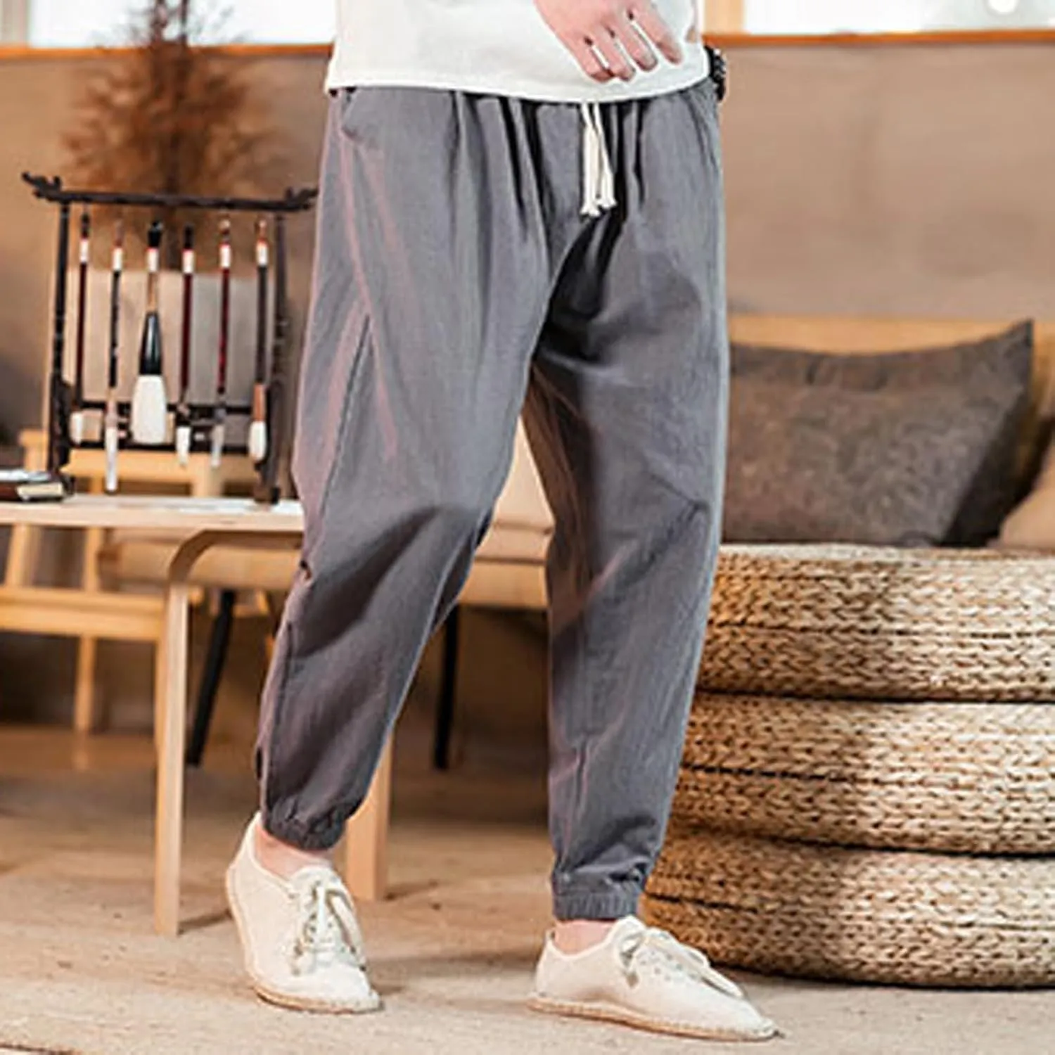 Mens Classic Casual Pants Workout Athletic Pants Parachute Tapered Cotton Linen Sweatpants Hiking Jogger Fashion Pant