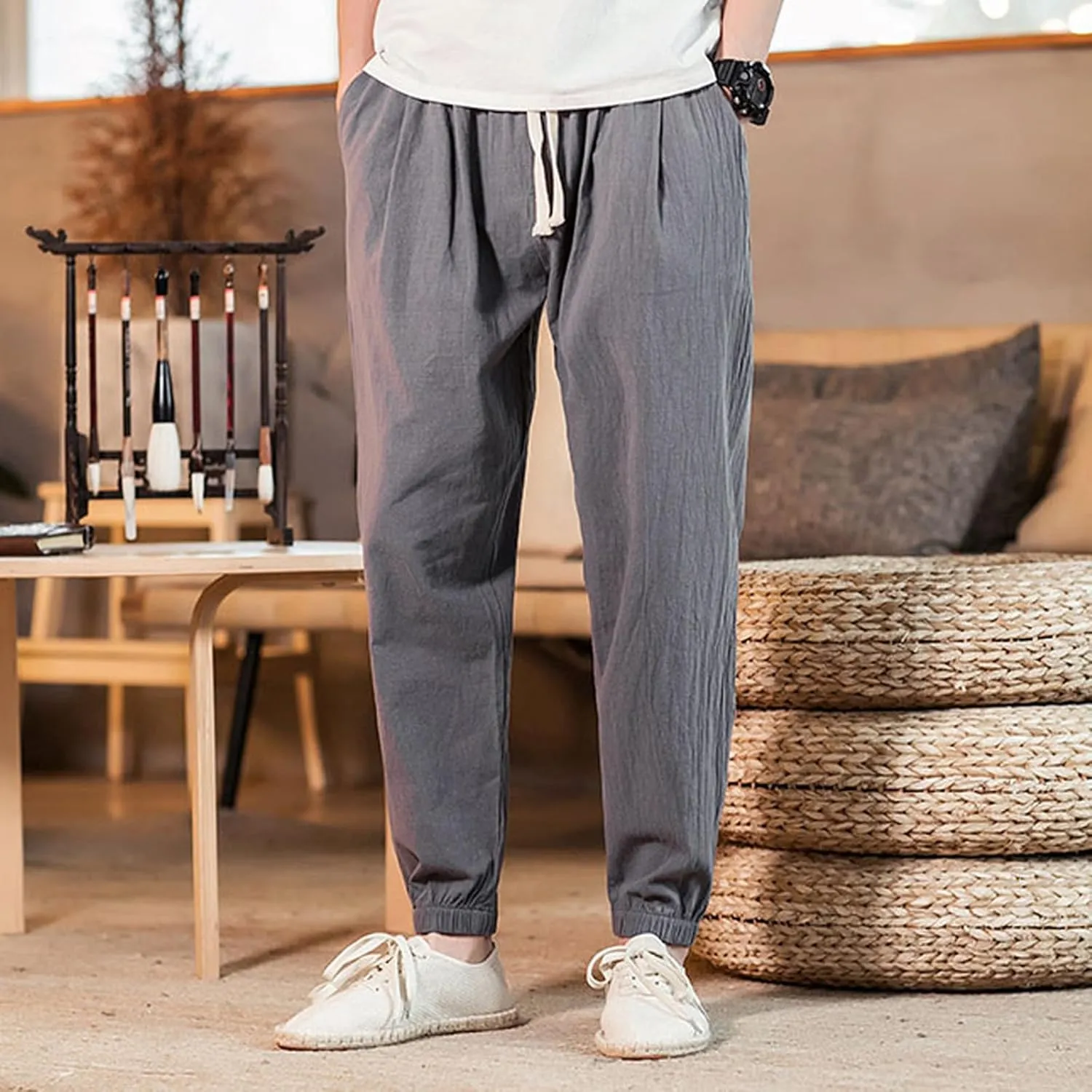 Mens Classic Casual Pants Workout Athletic Pants Parachute Tapered Cotton Linen Sweatpants Hiking Jogger Fashion Pant