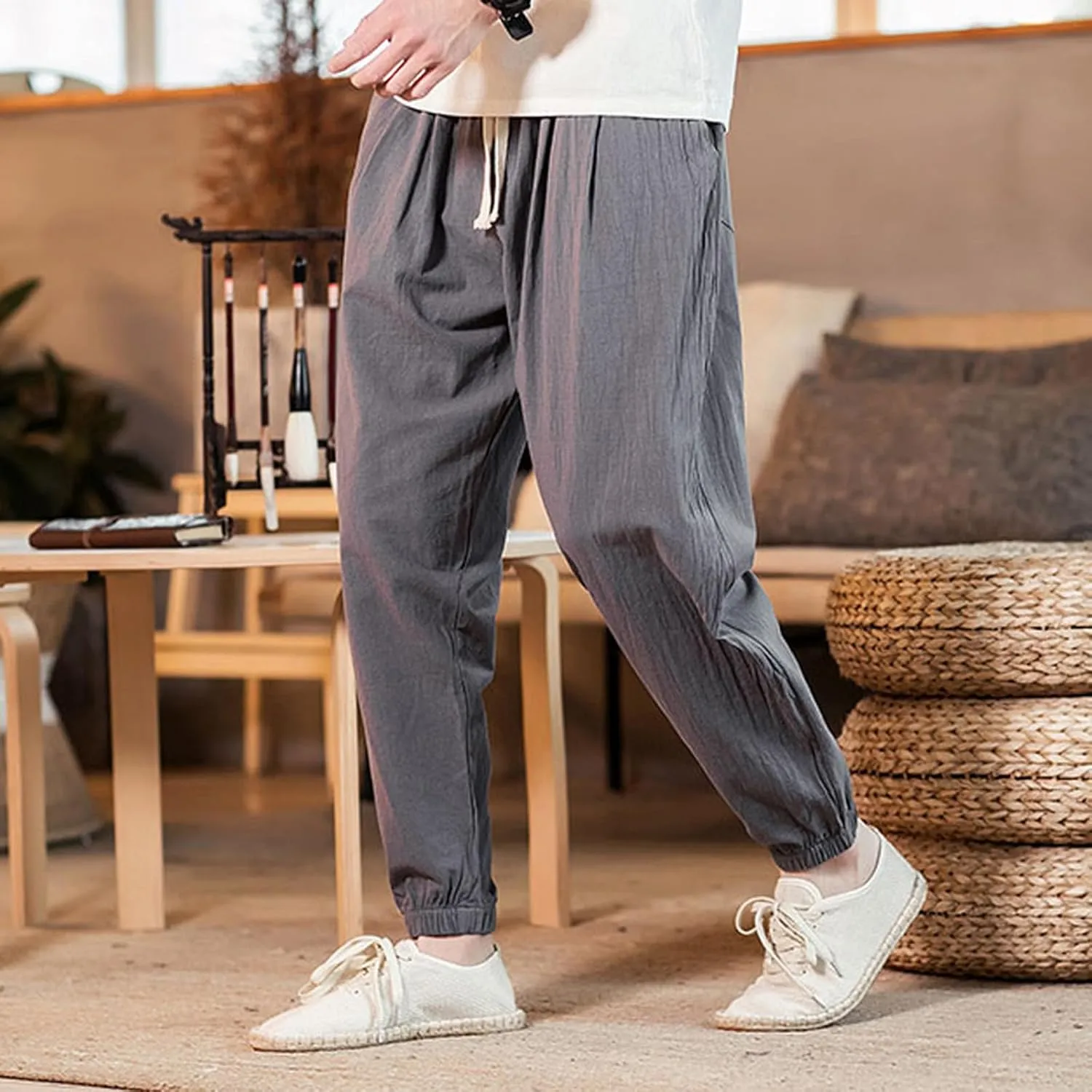 Mens Classic Casual Pants Workout Athletic Pants Parachute Tapered Cotton Linen Sweatpants Hiking Jogger Fashion Pant