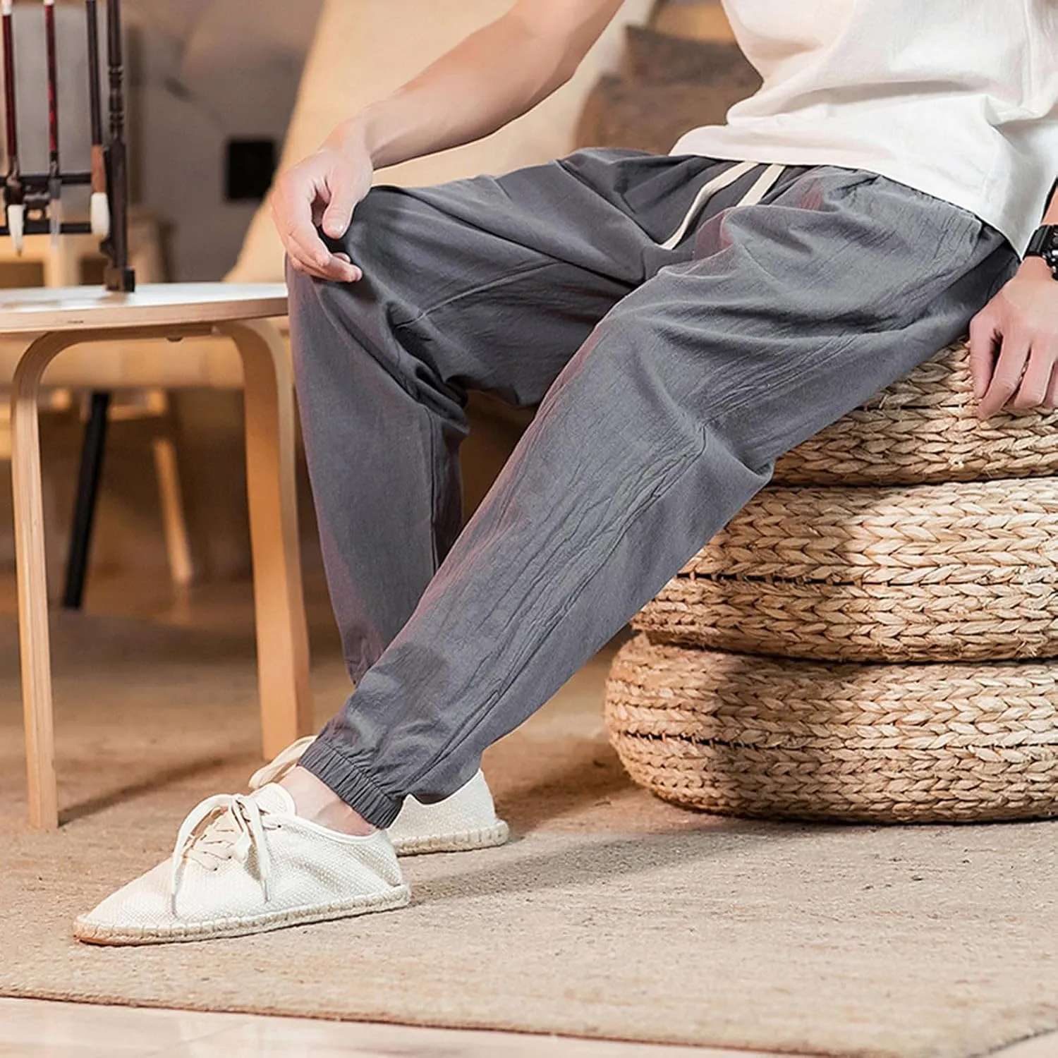 Mens Classic Casual Pants Workout Athletic Pants Parachute Tapered Cotton Linen Sweatpants Hiking Jogger Fashion Pant