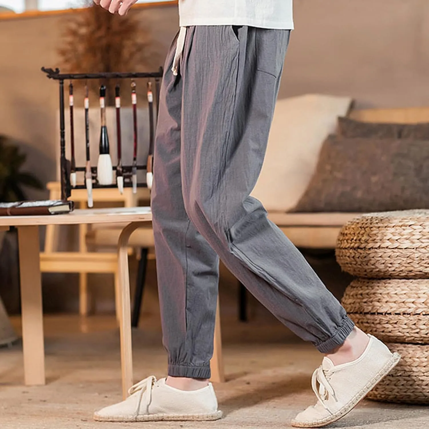 Mens Classic Casual Pants Workout Athletic Pants Parachute Tapered Cotton Linen Sweatpants Hiking Jogger Fashion Pant