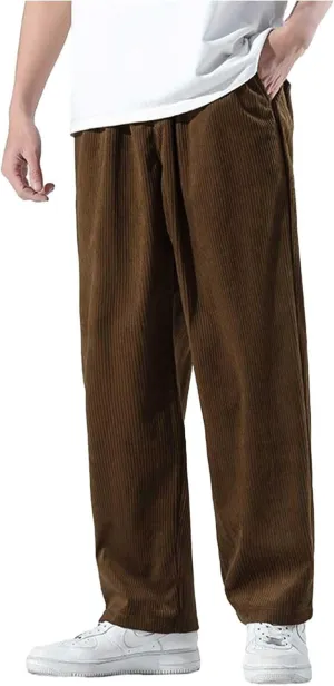 Men's Corduroy Pants Drawstring Elastic Waist Cargo Pants Tapered Jogger Streetwear Sweatpants Trousers with Pockets