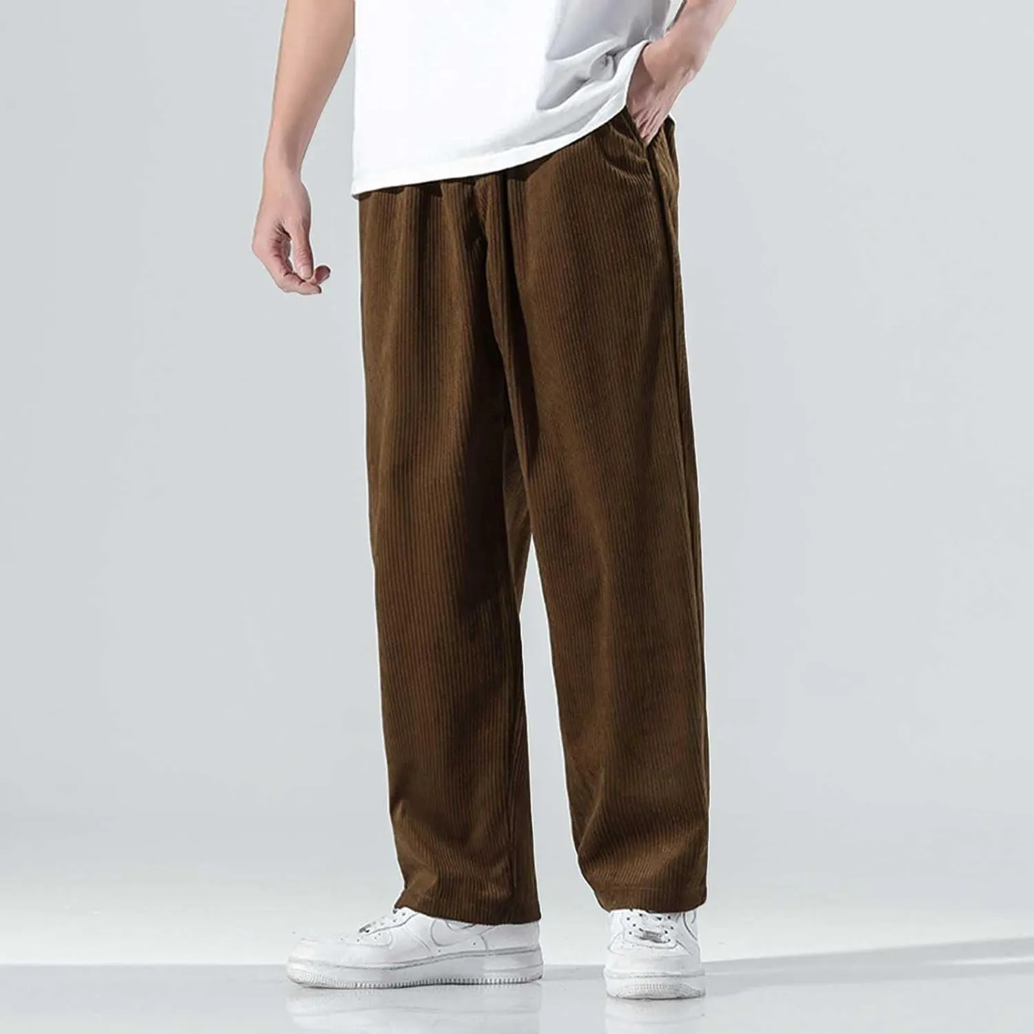 Men's Corduroy Pants Drawstring Elastic Waist Cargo Pants Tapered Jogger Streetwear Sweatpants Trousers with Pockets