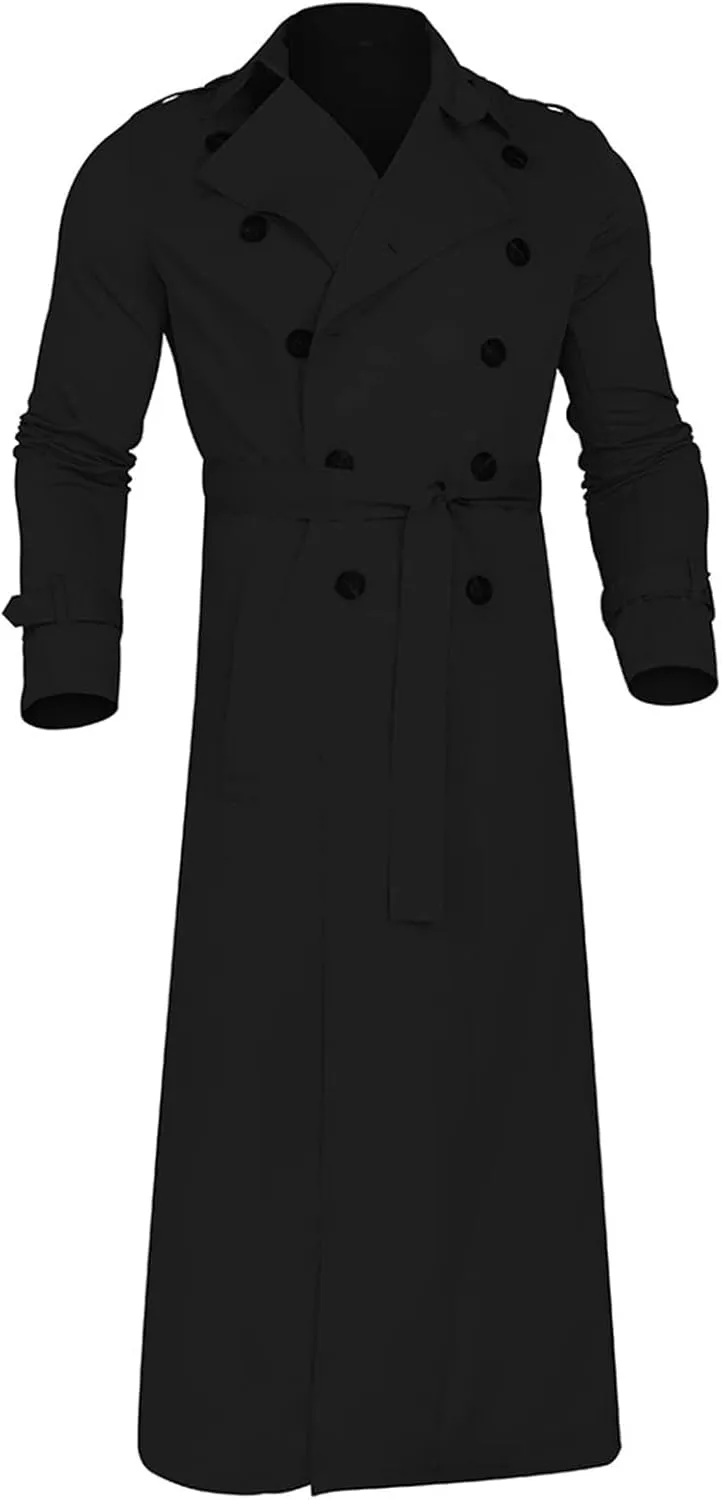 Men's Double Breasted Trench Coat Oversized Casual Windbreaker Lapel Long Jacket Belted Windbreaker Slim Fit Overcoat