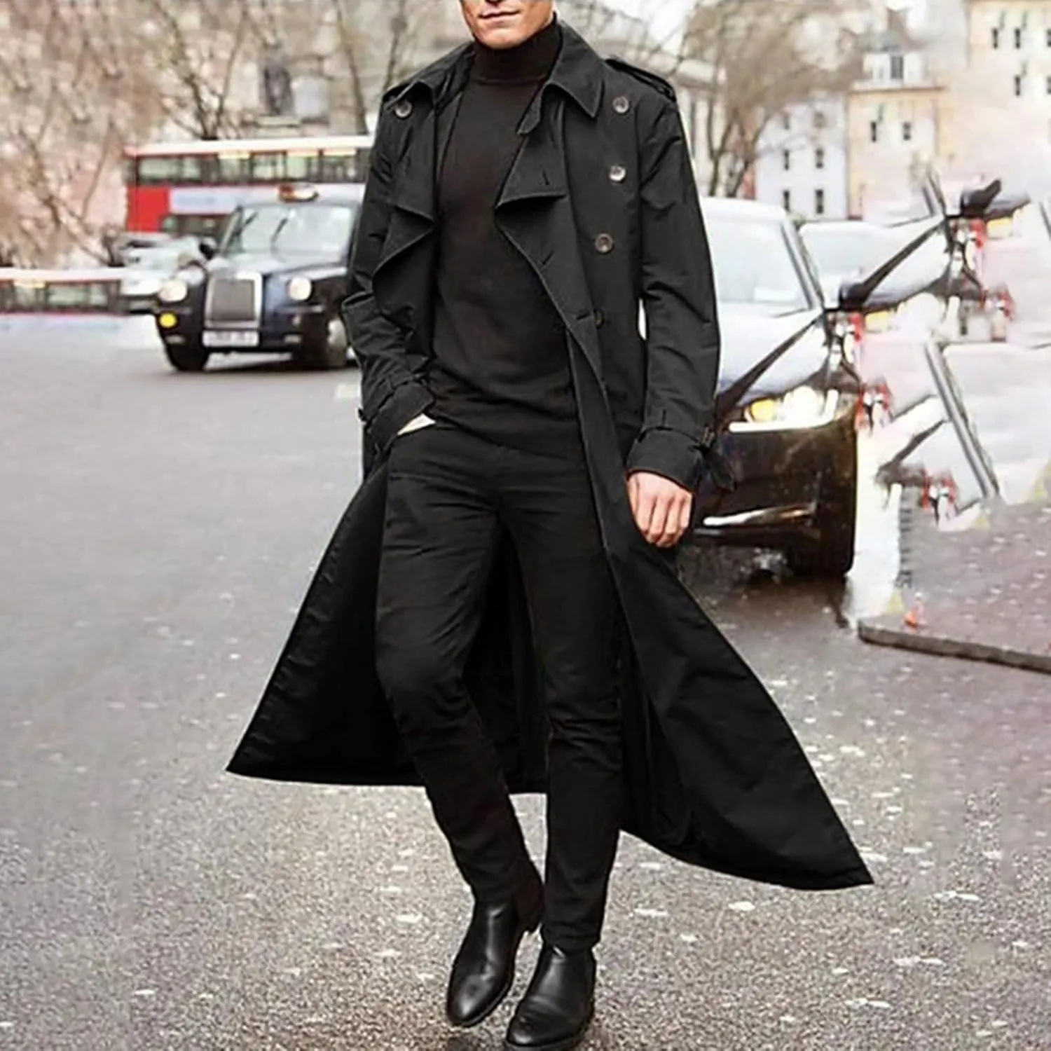 Men's Double Breasted Trench Coat Oversized Casual Windbreaker Lapel Long Jacket Belted Windbreaker Slim Fit Overcoat