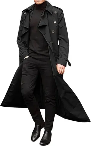 Men's Double Breasted Trench Coat Oversized Casual Windbreaker Lapel Long Jacket Belted Windbreaker Slim Fit Overcoat