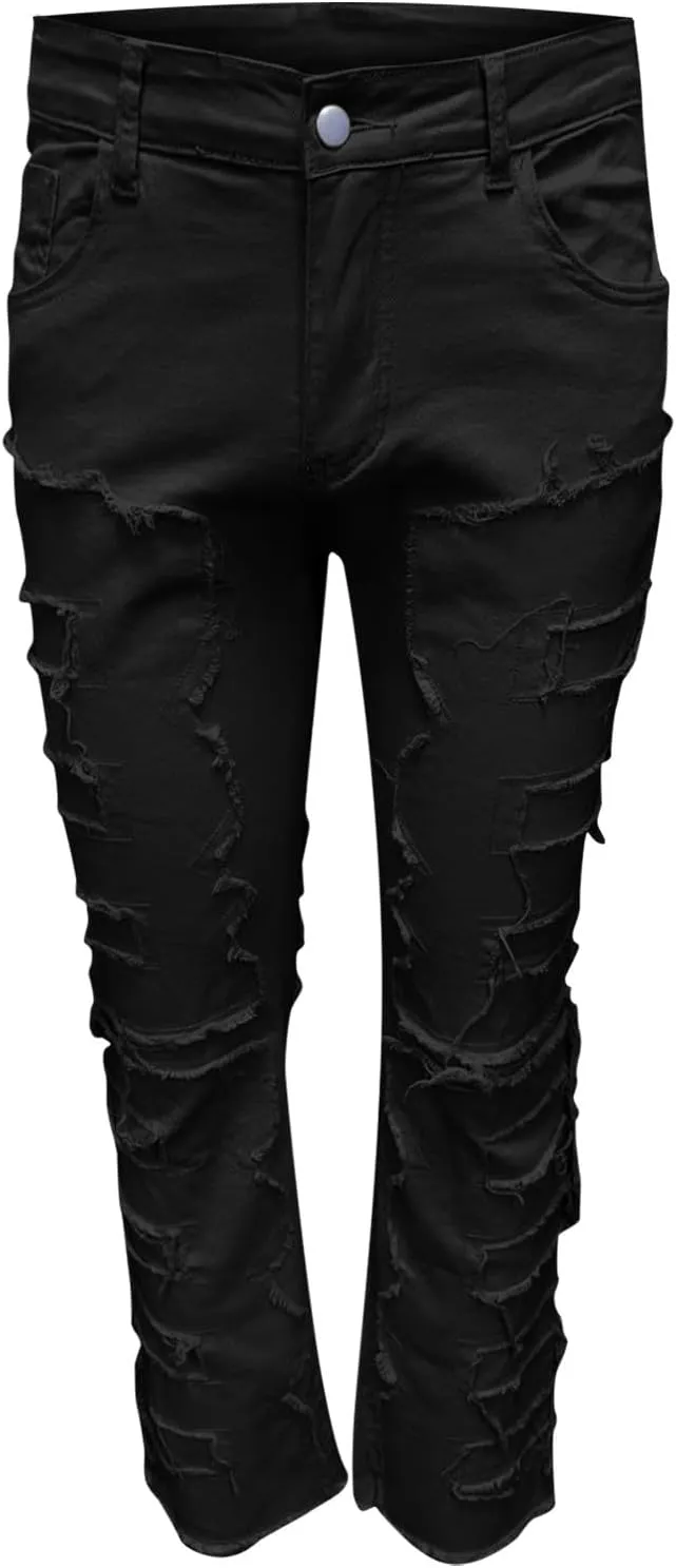 Men's Ripped Distressed Destroyed Straight Fit Skinny Stretchy Slim Fit Stacked Hip Hop Trousers Fashion Streetwear
