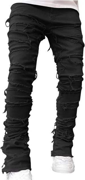 Men's Ripped Distressed Destroyed Straight Fit Skinny Stretchy Slim Fit Stacked Hip Hop Trousers Fashion Streetwear