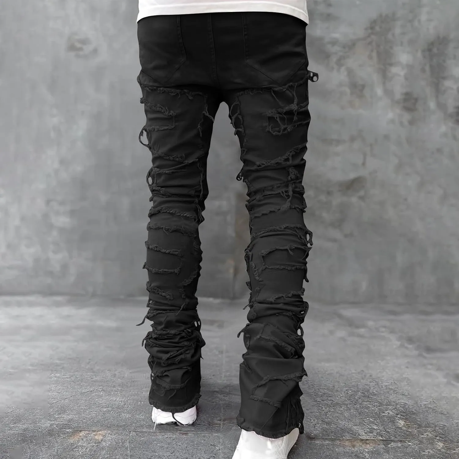 Men's Ripped Distressed Destroyed Straight Fit Skinny Stretchy Slim Fit Stacked Hip Hop Trousers Fashion Streetwear