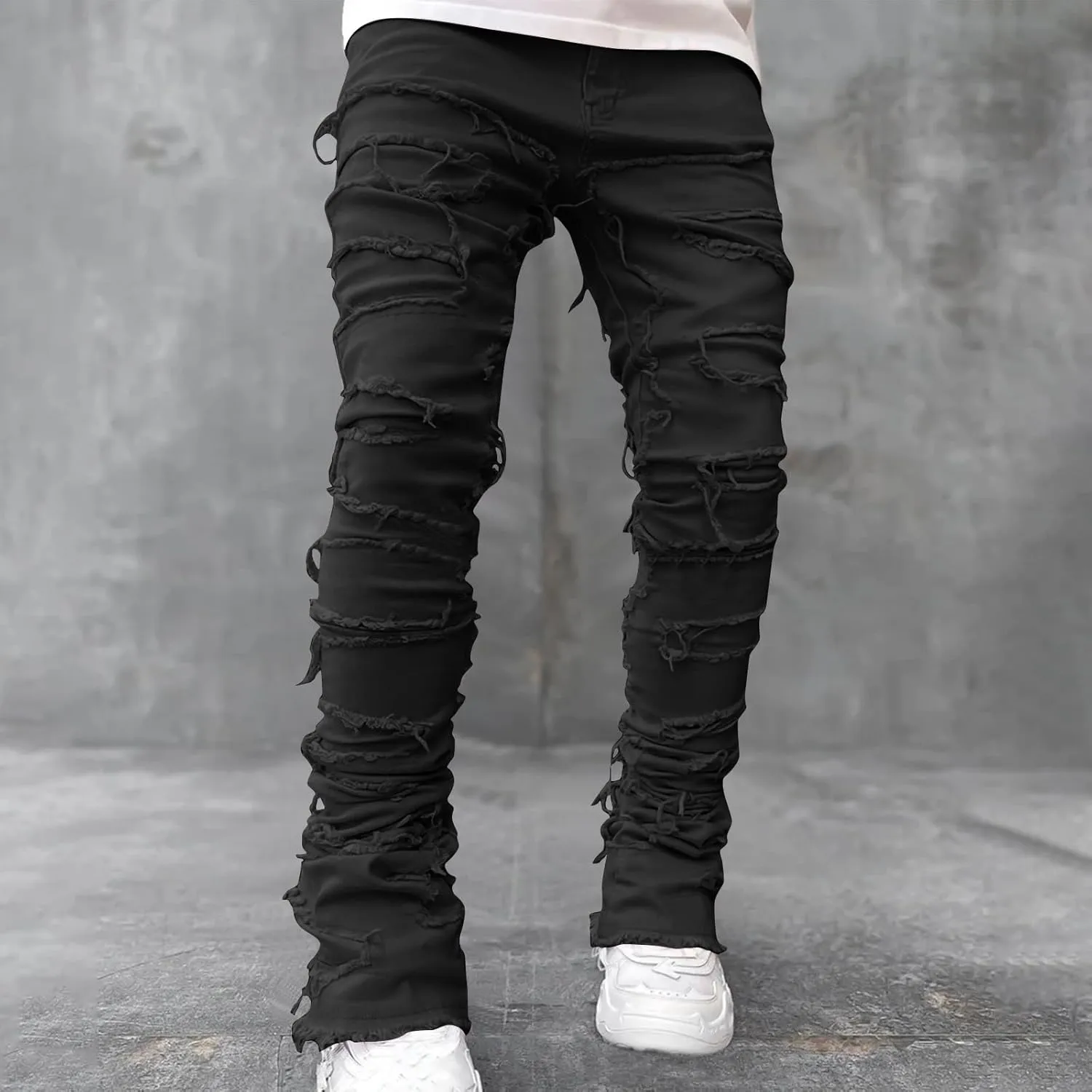 Men's Ripped Distressed Destroyed Straight Fit Skinny Stretchy Slim Fit Stacked Hip Hop Trousers Fashion Streetwear
