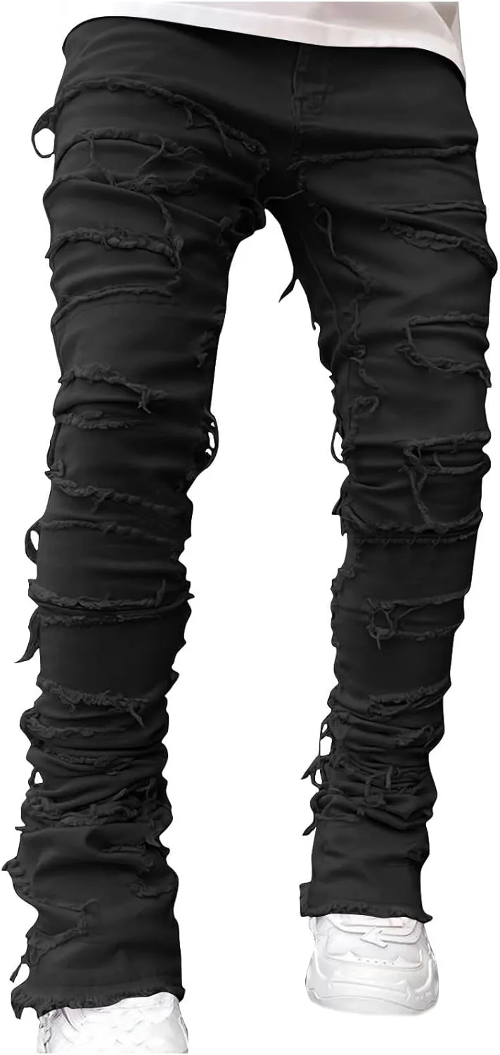 Men's Ripped Distressed Destroyed Straight Fit Skinny Stretchy Slim Fit Stacked Hip Hop Trousers Fashion Streetwear