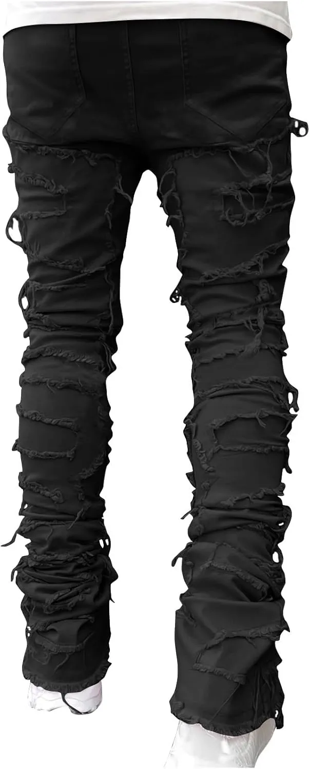 Men's Ripped Distressed Destroyed Straight Fit Skinny Stretchy Slim Fit Stacked Hip Hop Trousers Fashion Streetwear