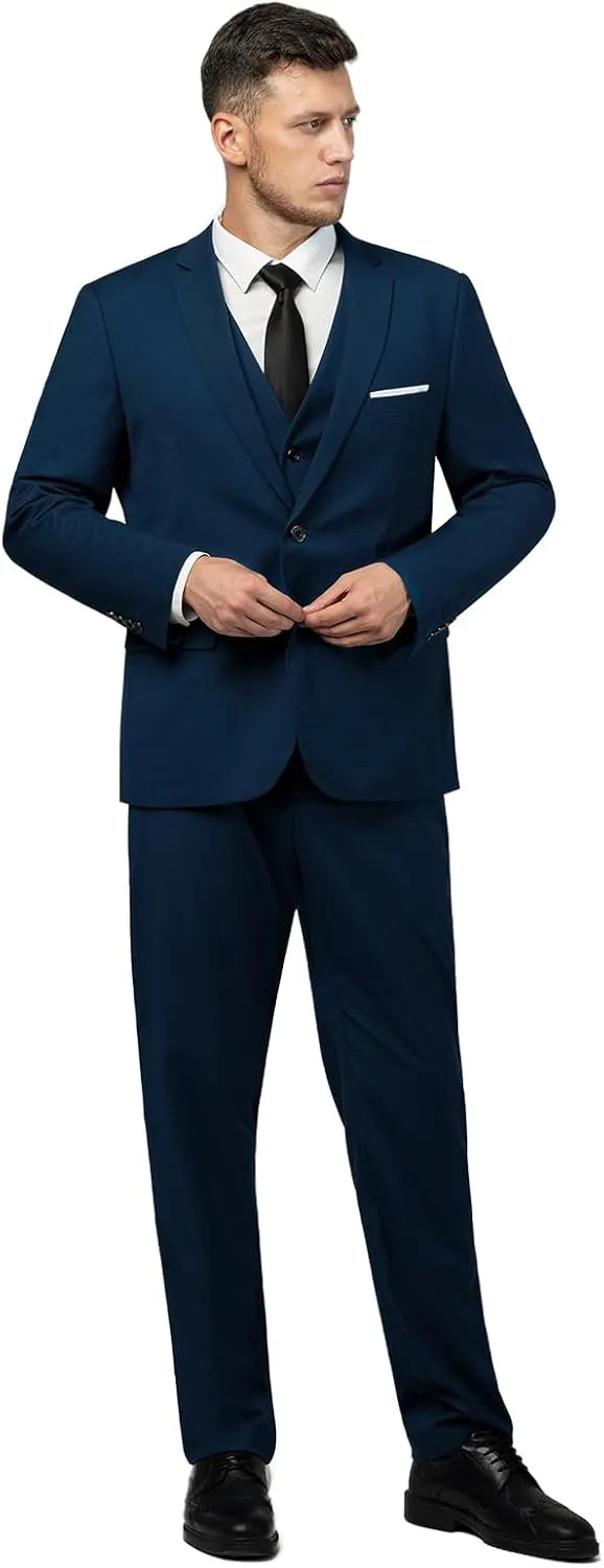 Men's Suit 3 Piece Slim Fit Suit Set, Two Button Solid Jacket Vest Pants with Tie, Men Tuxedo Suit Set