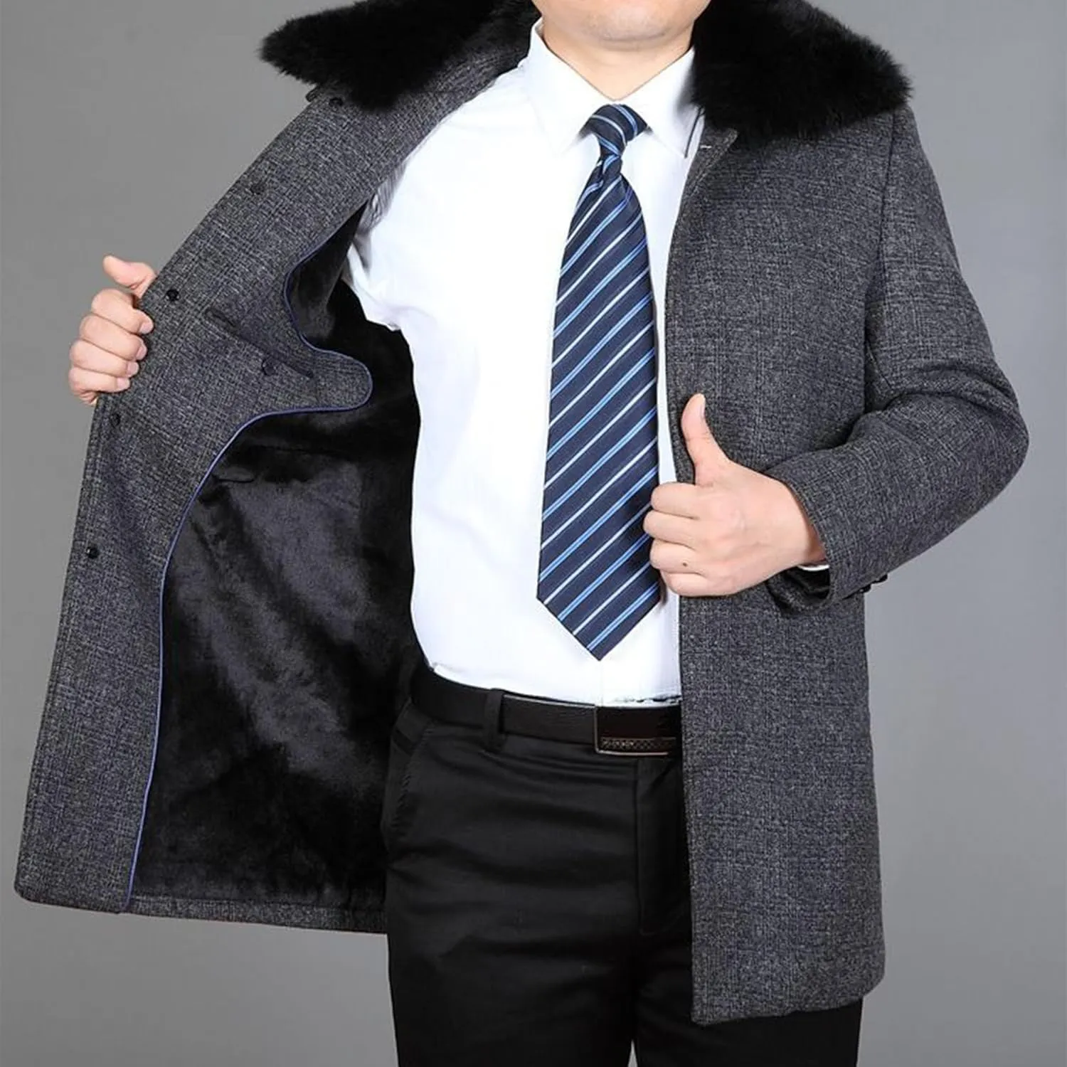 Men's Winter Single Breasted Trench Overcoat Removable Faux Fur Collar Coat Warm Business Long Pea Coat Outwear