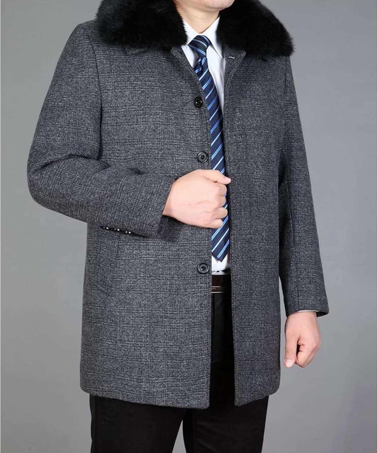 Men's Winter Single Breasted Trench Overcoat Removable Faux Fur Collar Coat Warm Business Long Pea Coat Outwear
