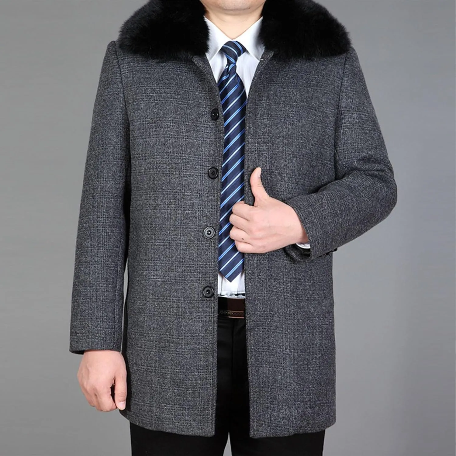 Men's Winter Single Breasted Trench Overcoat Removable Faux Fur Collar Coat Warm Business Long Pea Coat Outwear
