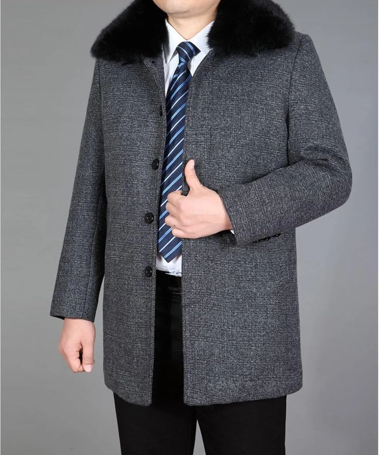 Men's Winter Single Breasted Trench Overcoat Removable Faux Fur Collar Coat Warm Business Long Pea Coat Outwear