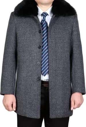 Men's Winter Single Breasted Trench Overcoat Removable Faux Fur Collar Coat Warm Business Long Pea Coat Outwear