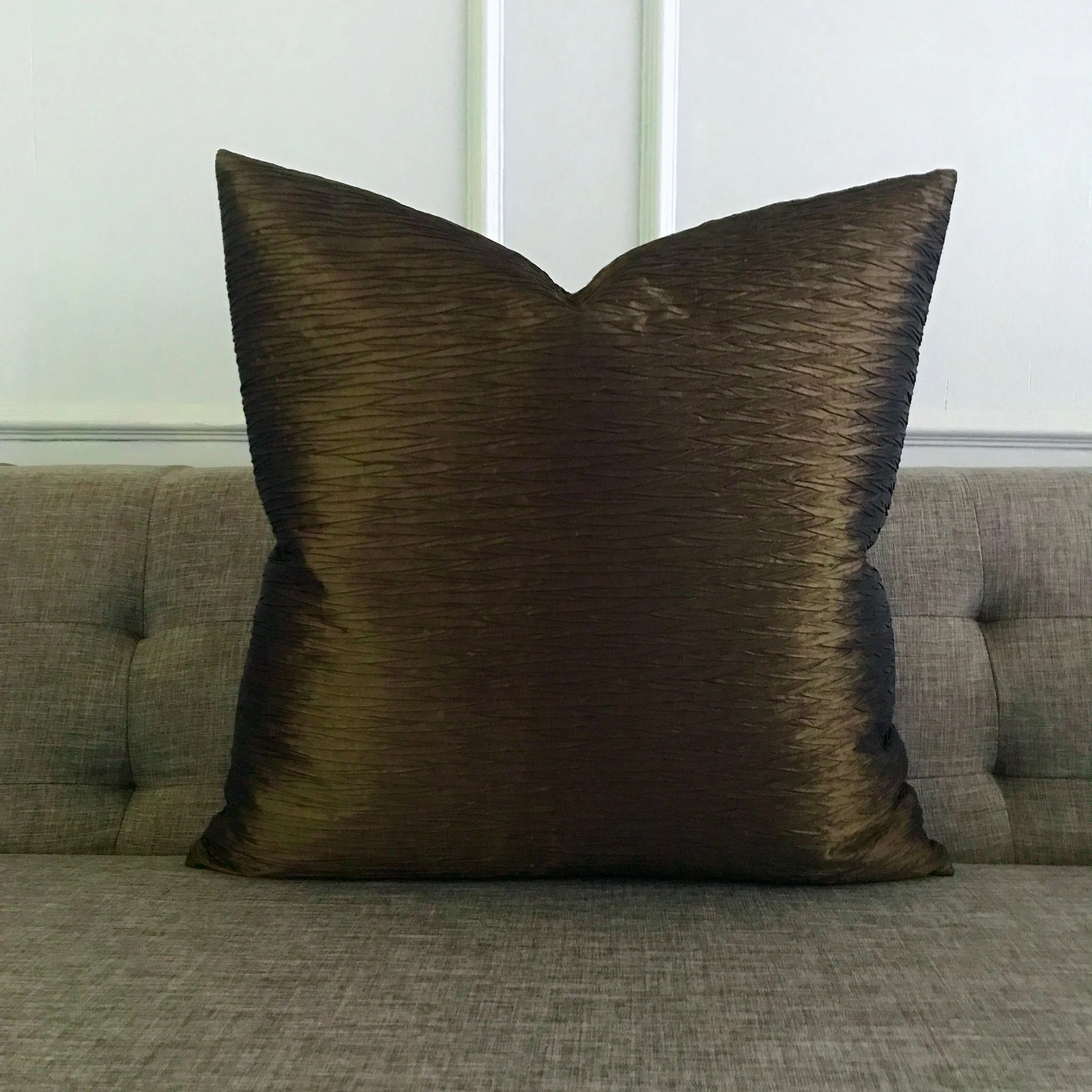 Metallic Forest Green Pleated Silk Throw Pillow Cover 24x24