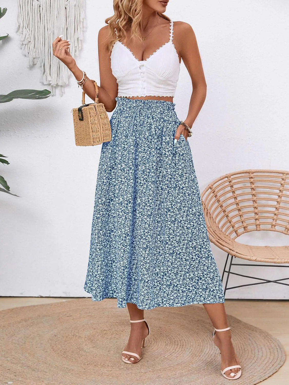 Midi Skirts for Women Elastic Waist Flowy A-line Casual Summer Beach Long Skirt