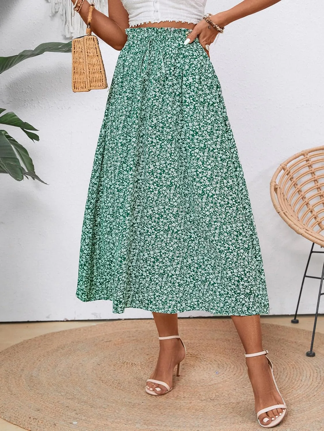 Midi Skirts for Women Elastic Waist Flowy A-line Casual Summer Beach Long Skirt