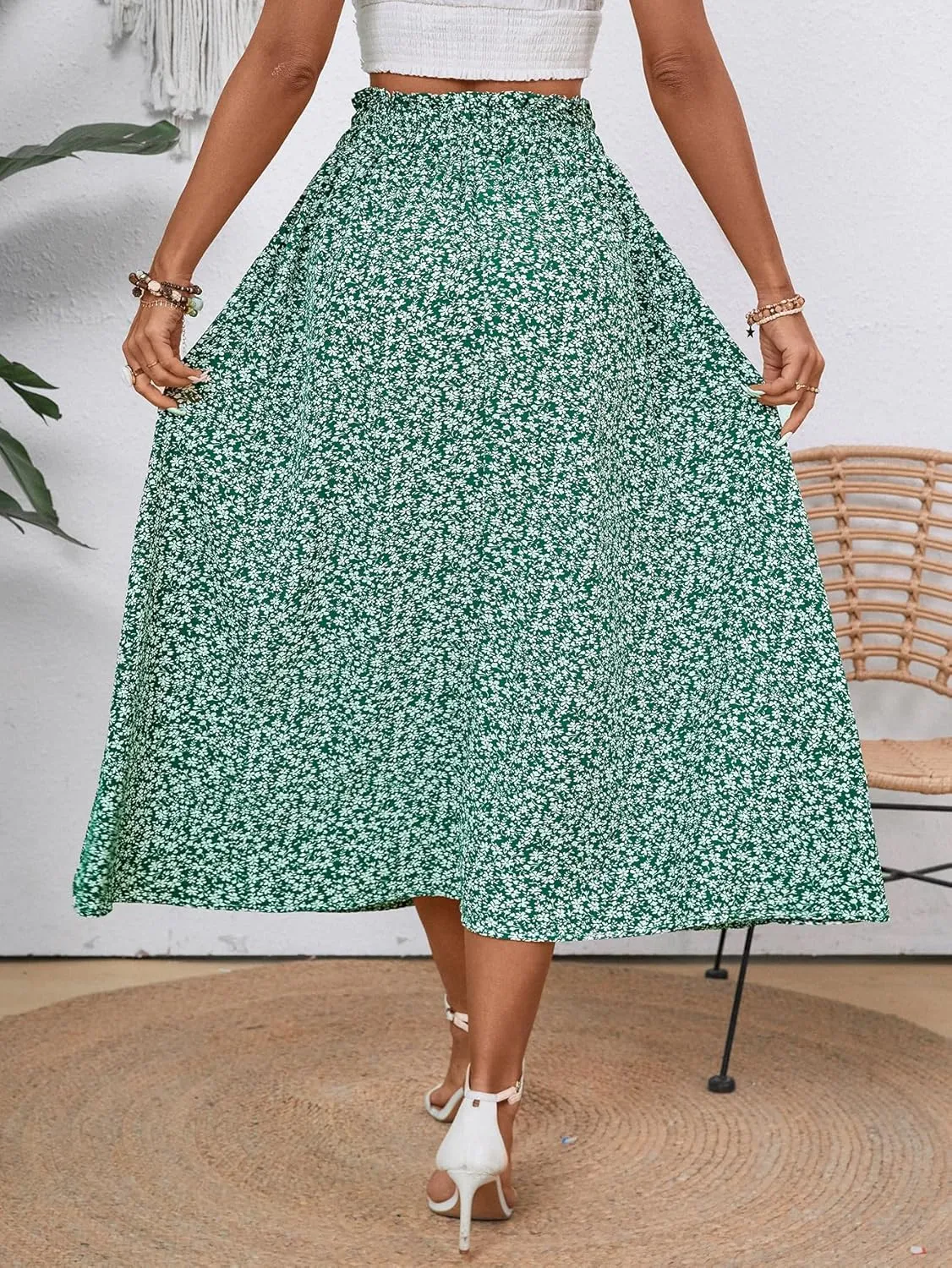 Midi Skirts for Women Elastic Waist Flowy A-line Casual Summer Beach Long Skirt