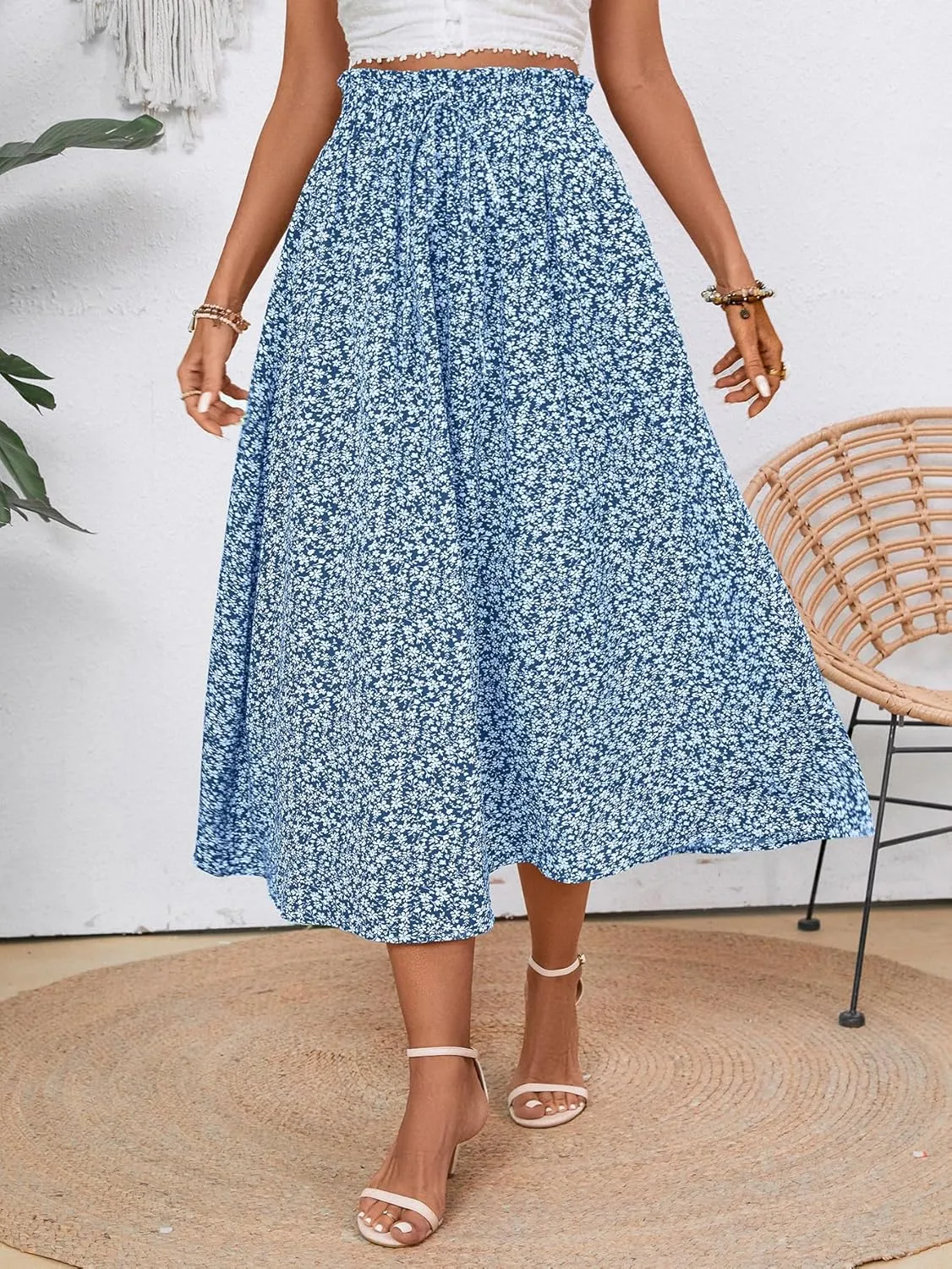 Midi Skirts for Women Elastic Waist Flowy A-line Casual Summer Beach Long Skirt