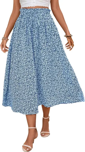 Midi Skirts for Women Elastic Waist Flowy A-line Casual Summer Beach Long Skirt