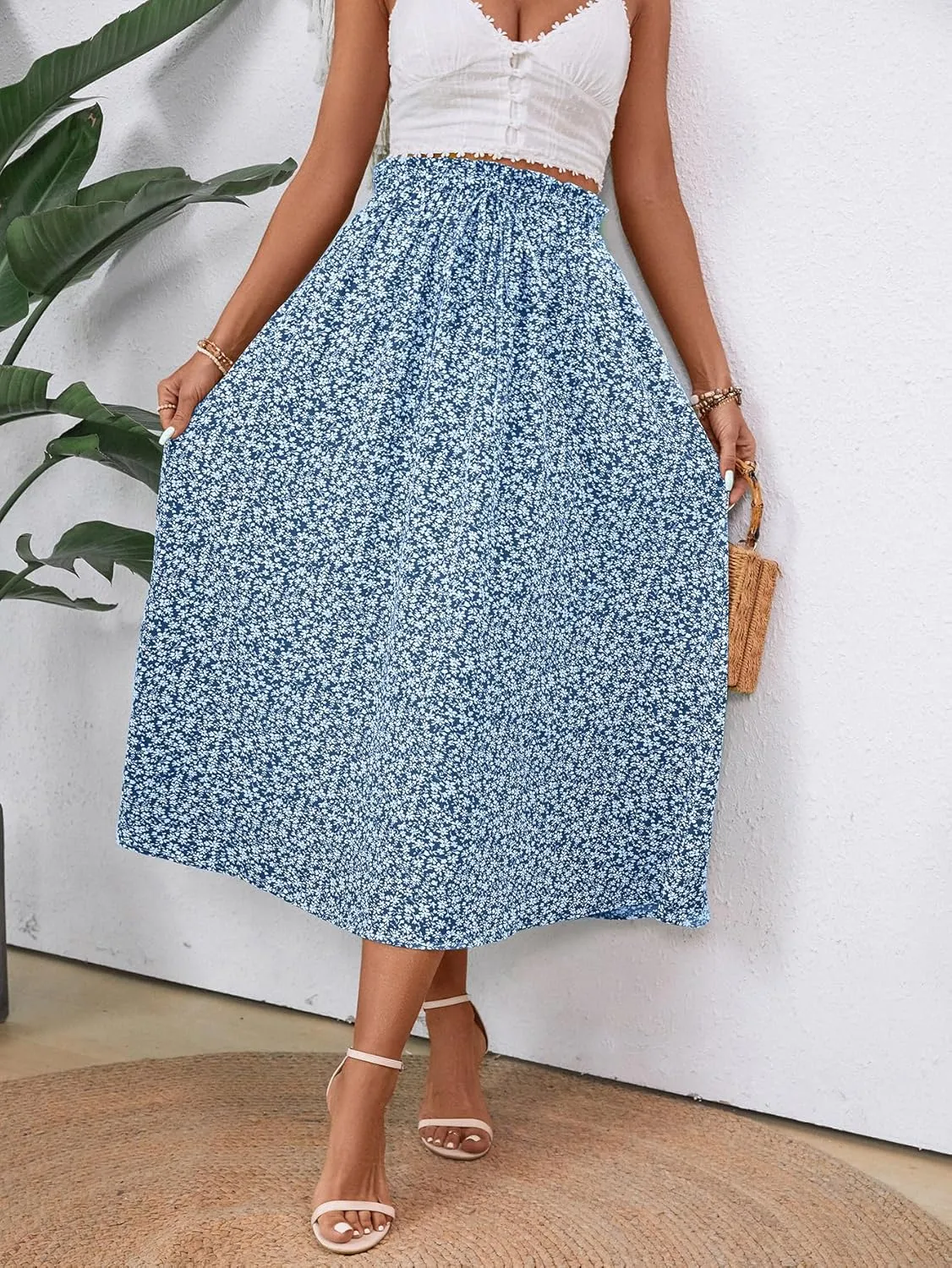 Midi Skirts for Women Elastic Waist Flowy A-line Casual Summer Beach Long Skirt