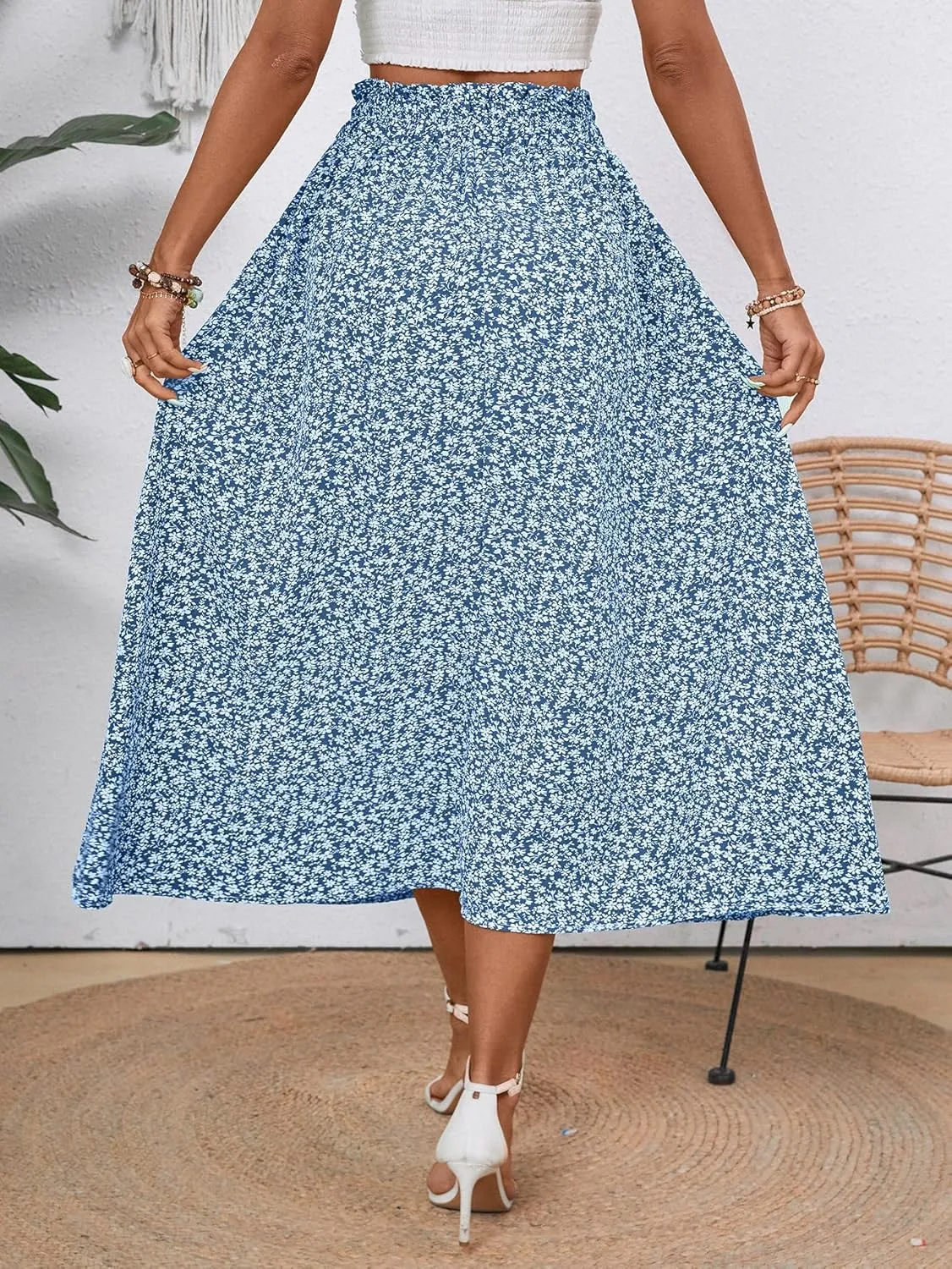 Midi Skirts for Women Elastic Waist Flowy A-line Casual Summer Beach Long Skirt