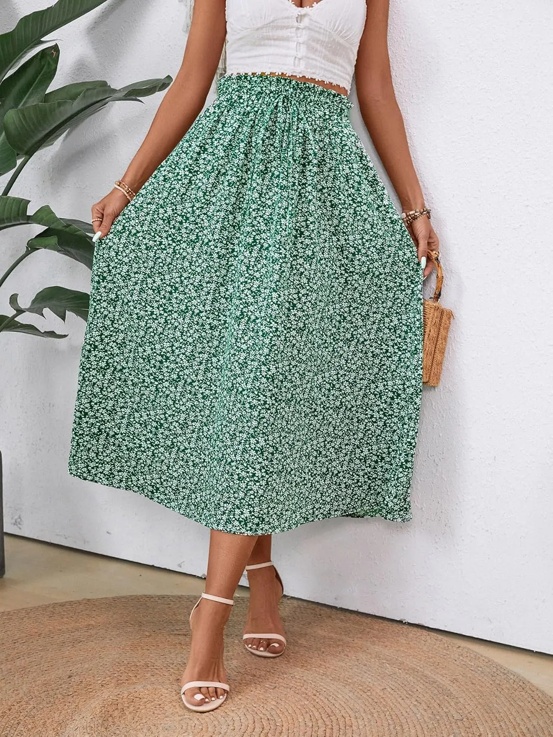 Midi Skirts for Women Elastic Waist Flowy A-line Casual Summer Beach Long Skirt