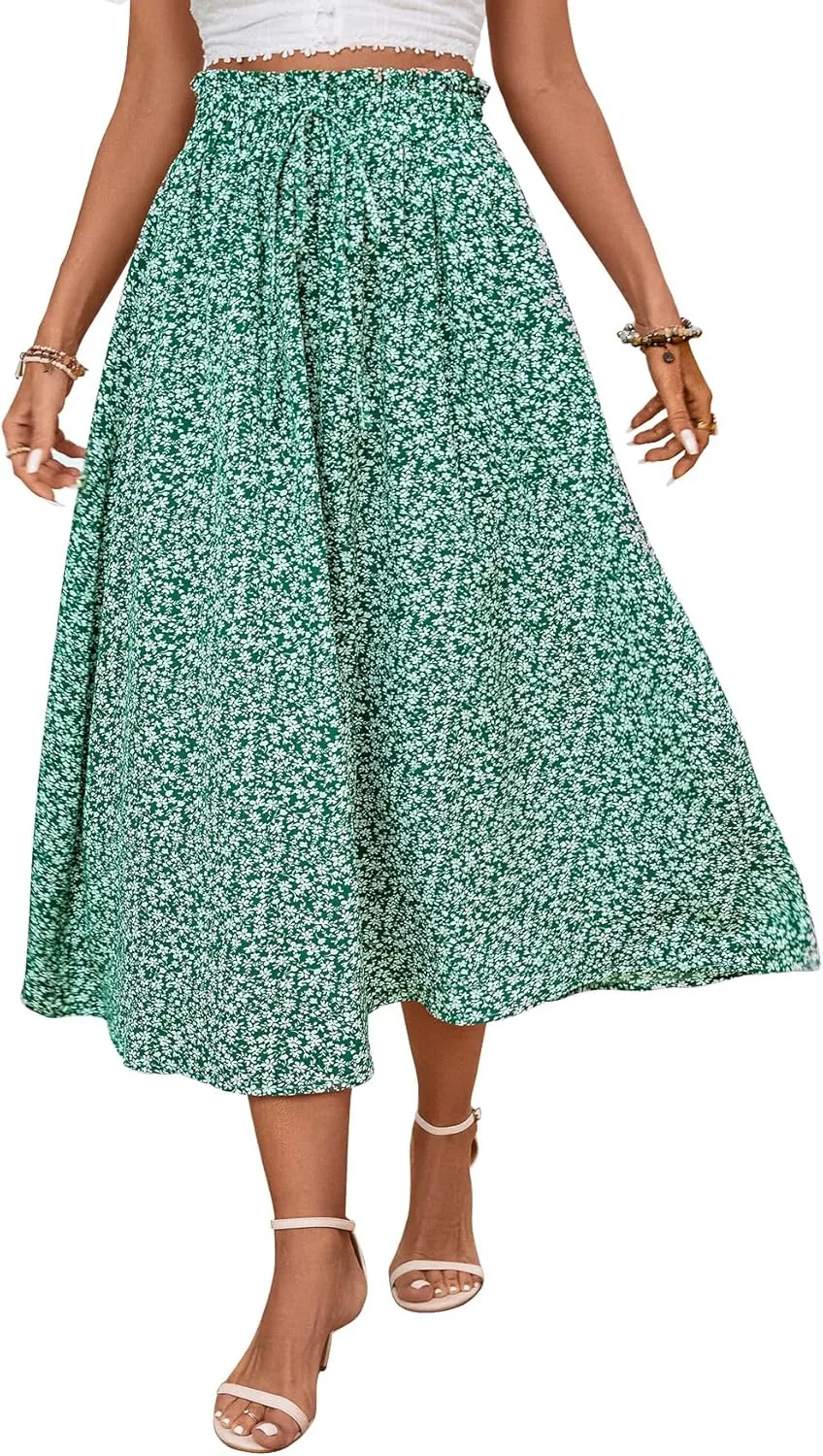 Midi Skirts for Women Elastic Waist Flowy A-line Casual Summer Beach Long Skirt