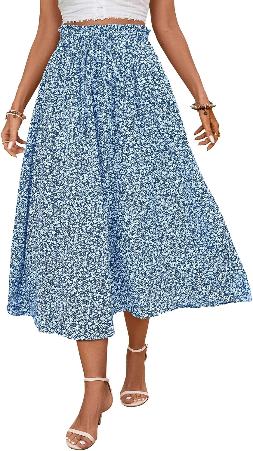 Midi Skirts for Women Elastic Waist Flowy A-line Casual Summer Beach Long Skirt
