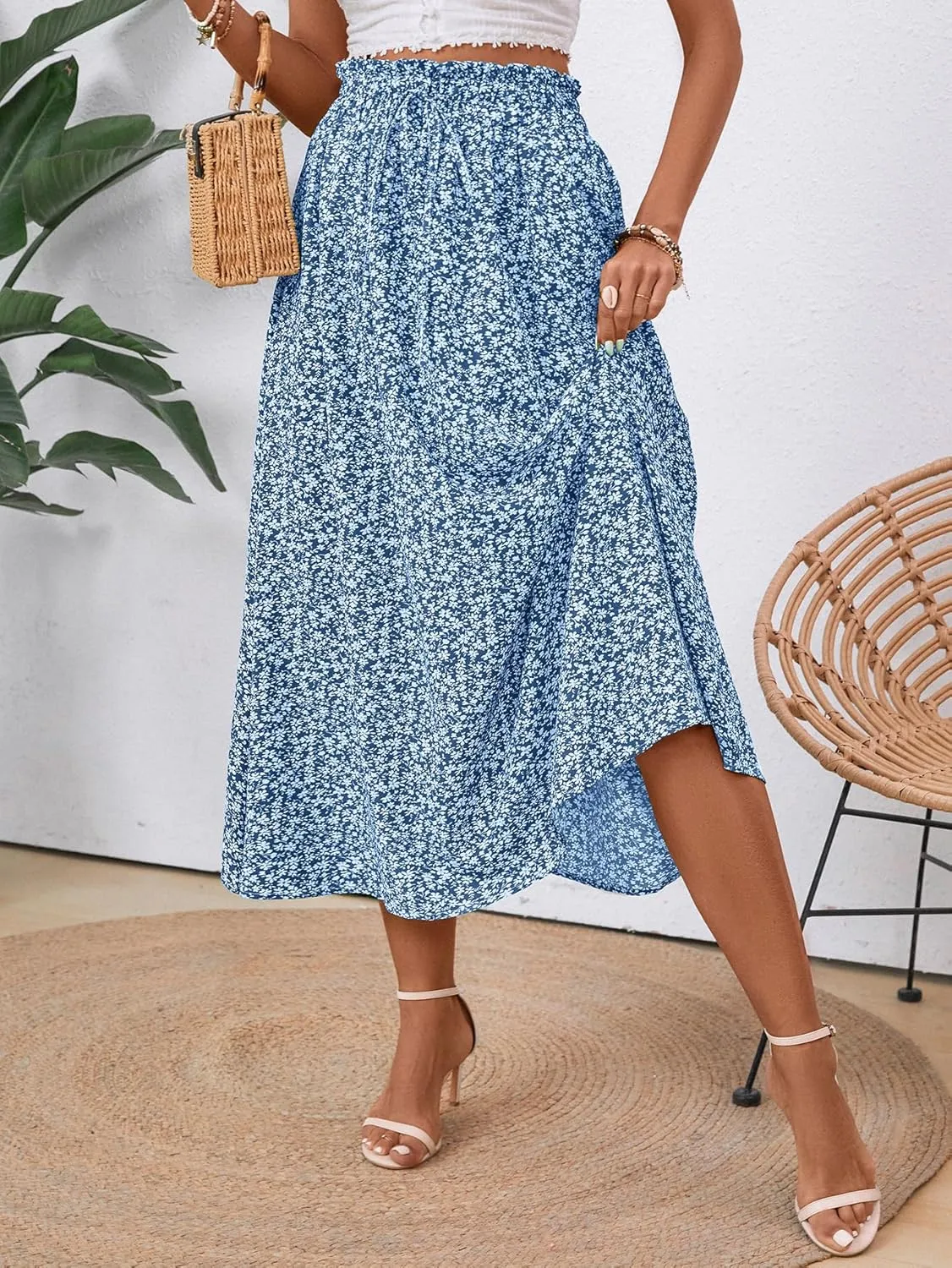 Midi Skirts for Women Elastic Waist Flowy A-line Casual Summer Beach Long Skirt