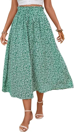 Midi Skirts for Women Elastic Waist Flowy A-line Casual Summer Beach Long Skirt