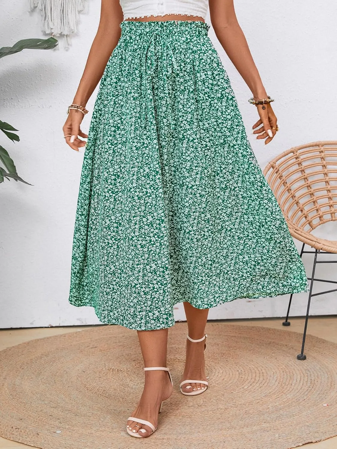 Midi Skirts for Women Elastic Waist Flowy A-line Casual Summer Beach Long Skirt