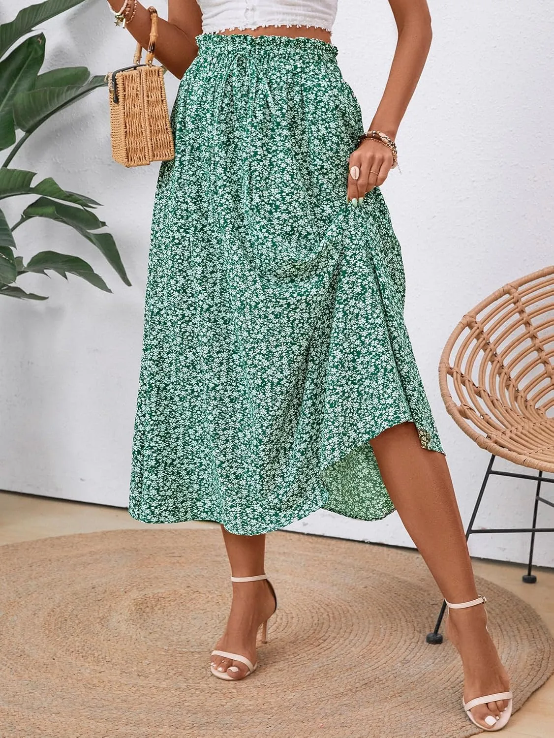 Midi Skirts for Women Elastic Waist Flowy A-line Casual Summer Beach Long Skirt