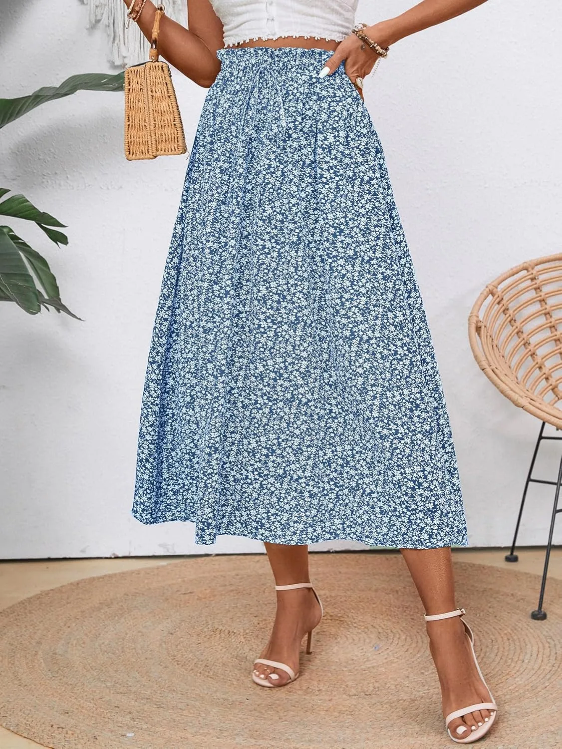 Midi Skirts for Women Elastic Waist Flowy A-line Casual Summer Beach Long Skirt