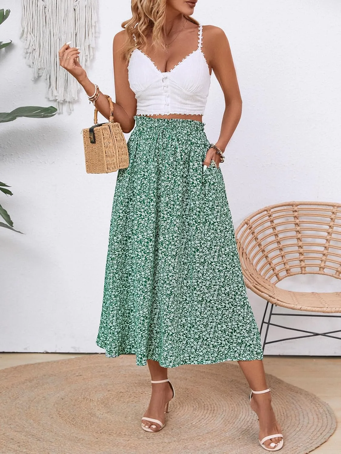Midi Skirts for Women Elastic Waist Flowy A-line Casual Summer Beach Long Skirt