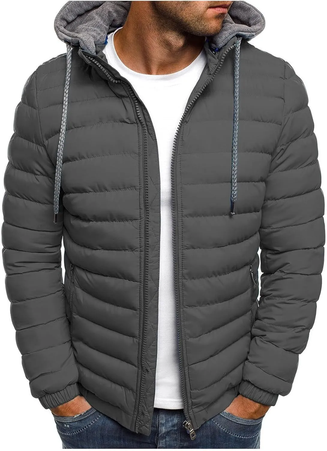 Mmoneyake Men's Hooded Puffer Jacket Quilted Cotton Padded Insulated Down Coat Autumn and Winter Solid Zipper Hoodies Outwear