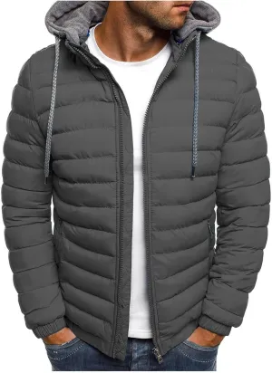 Mmoneyake Men's Hooded Puffer Jacket Quilted Cotton Padded Insulated Down Coat Autumn and Winter Solid Zipper Hoodies Outwear